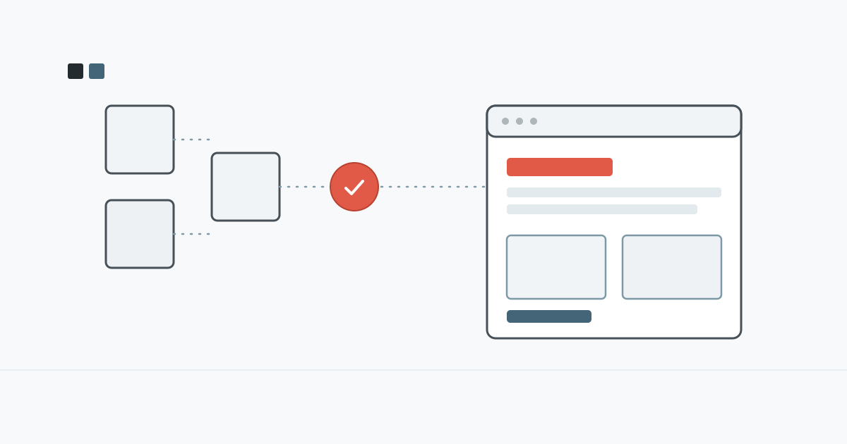 Modular blocks assembling into a web page through a pipeline, with one coral node marking human ownership